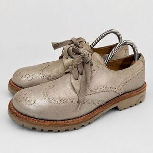 Brunello Cucinelli Suede Vibram Lug Sole Wingtip Oxford Shoes Tan Metallic Size